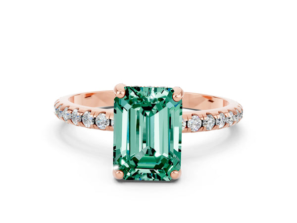 Rose gold Emerald Cut Green Sapphire Hidden Halo Engagement Ring with Round Pavé Band and Prong Setting