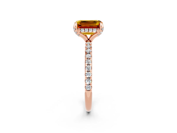 Rose gold Emerald Cut Citrine Hidden Halo Engagement Ring with Round Pavé Band and Prong Setting