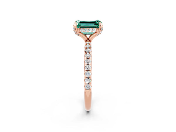 Rose gold Emerald Cut Green Sapphire Hidden Halo Engagement Ring with Round Pavé Band and Prong Setting