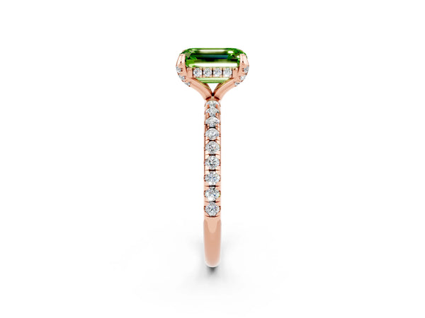 Rose gold Emerald Cut Diamond Solitaire Ring with Four-Prong Setting and Pavé Band