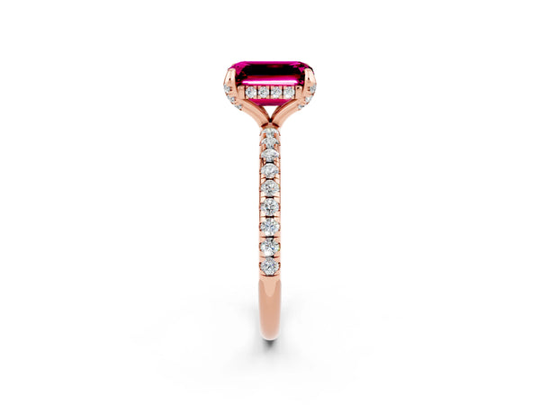 Rose gold Emerald Cut Garnet Hidden Halo Engagement Ring with Round Pavé Band and Prong Setting