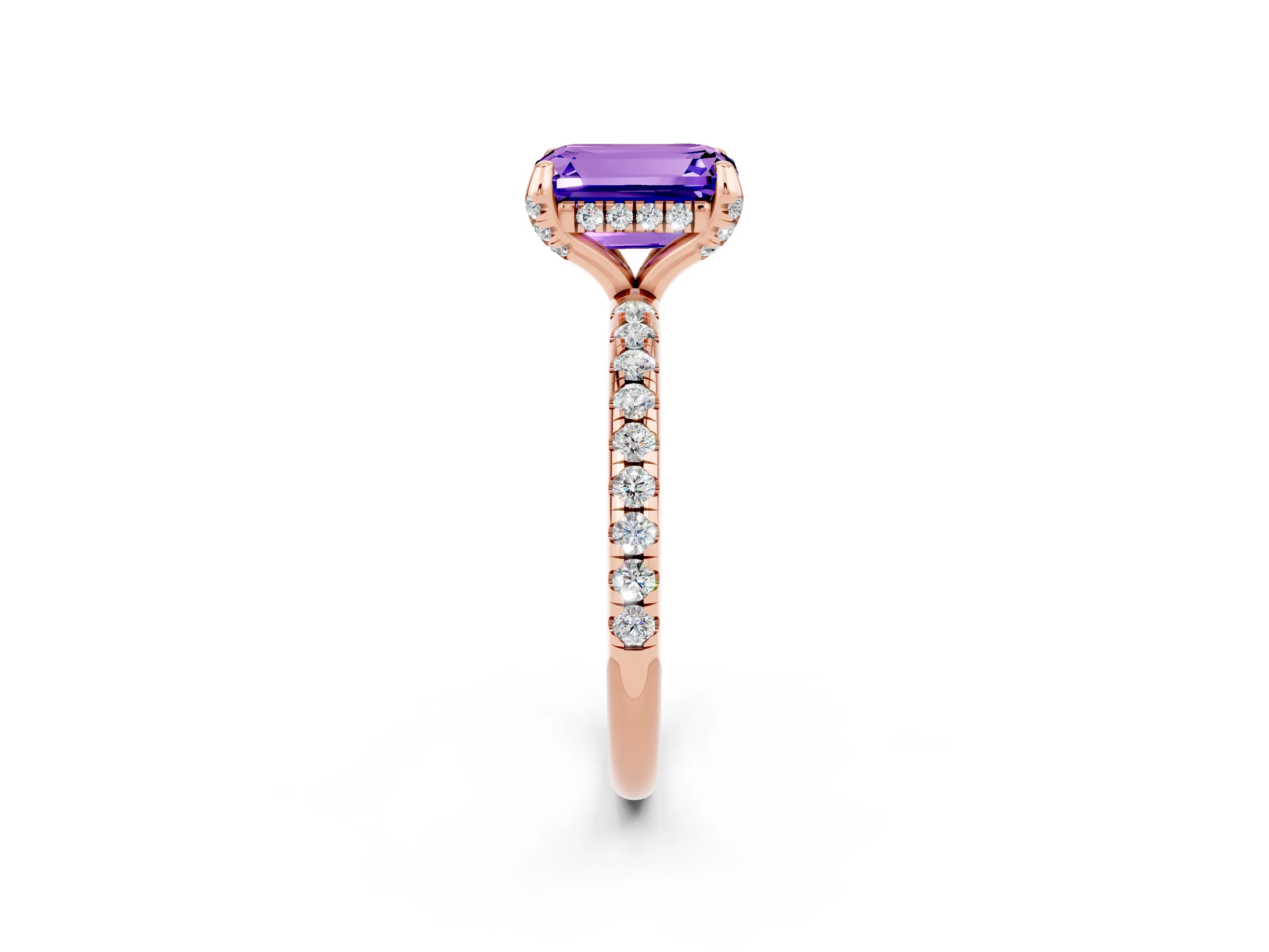 Rose gold Emerald Cut Diamond Solitaire Ring with Four-Prong Setting and Pavé Band_2
