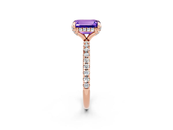 Rose gold Emerald Cut Tanzanite Hidden Halo Engagement Ring with Round Pavé Band and Prong Setting