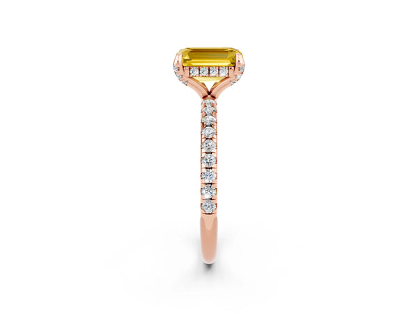 Rose gold Emerald Cut Yellow Sapphire Hidden Halo Engagement Ring with Round Pavé Band and Prong Setting