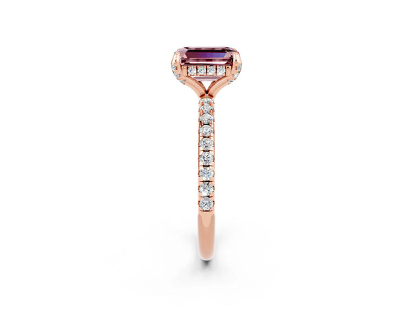 Rose gold Emerald Cut Diamond Solitaire Ring with Four-Prong Setting and Pavé Band