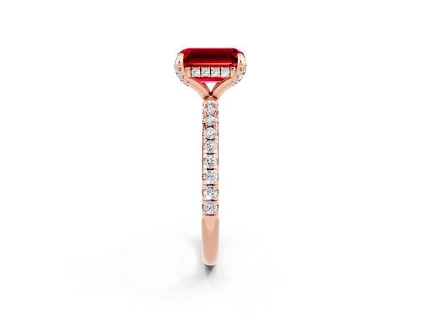 Rose gold Emerald Cut Diamond Solitaire Ring with Four-Prong Setting and Pavé Band