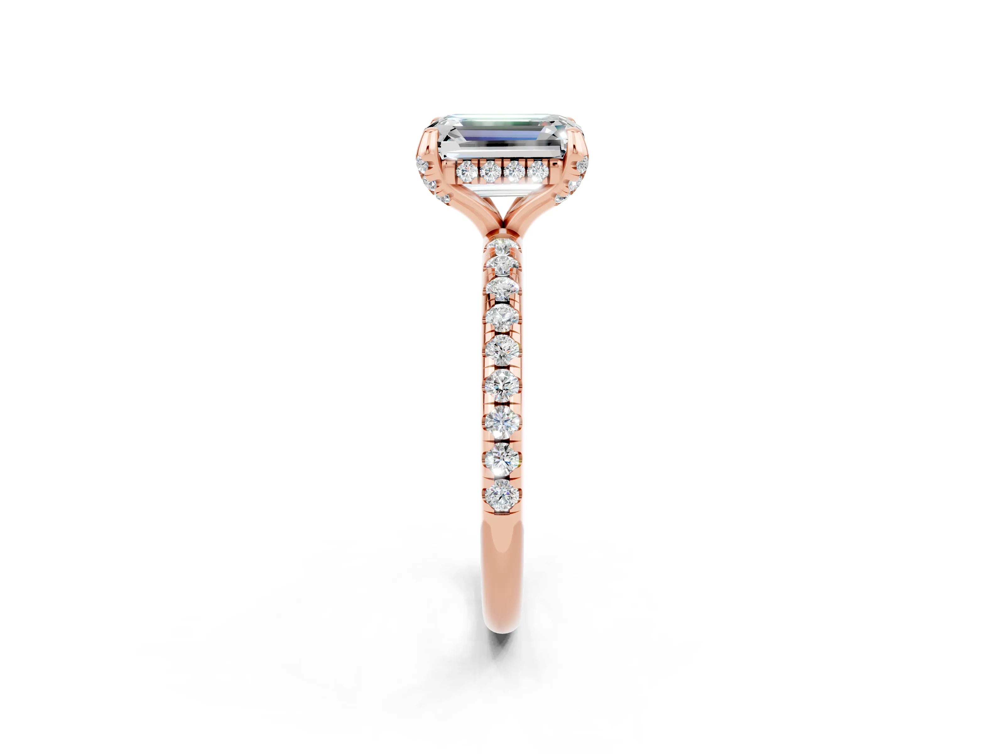Rose gold Emerald Cut Diamond Solitaire Ring with Four-Prong Setting and Pavé Band_2