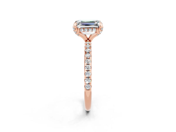 Rose gold Emerald Cut Moissanite Hidden Halo Engagement Ring with Round Pavé Band and Prong Setting