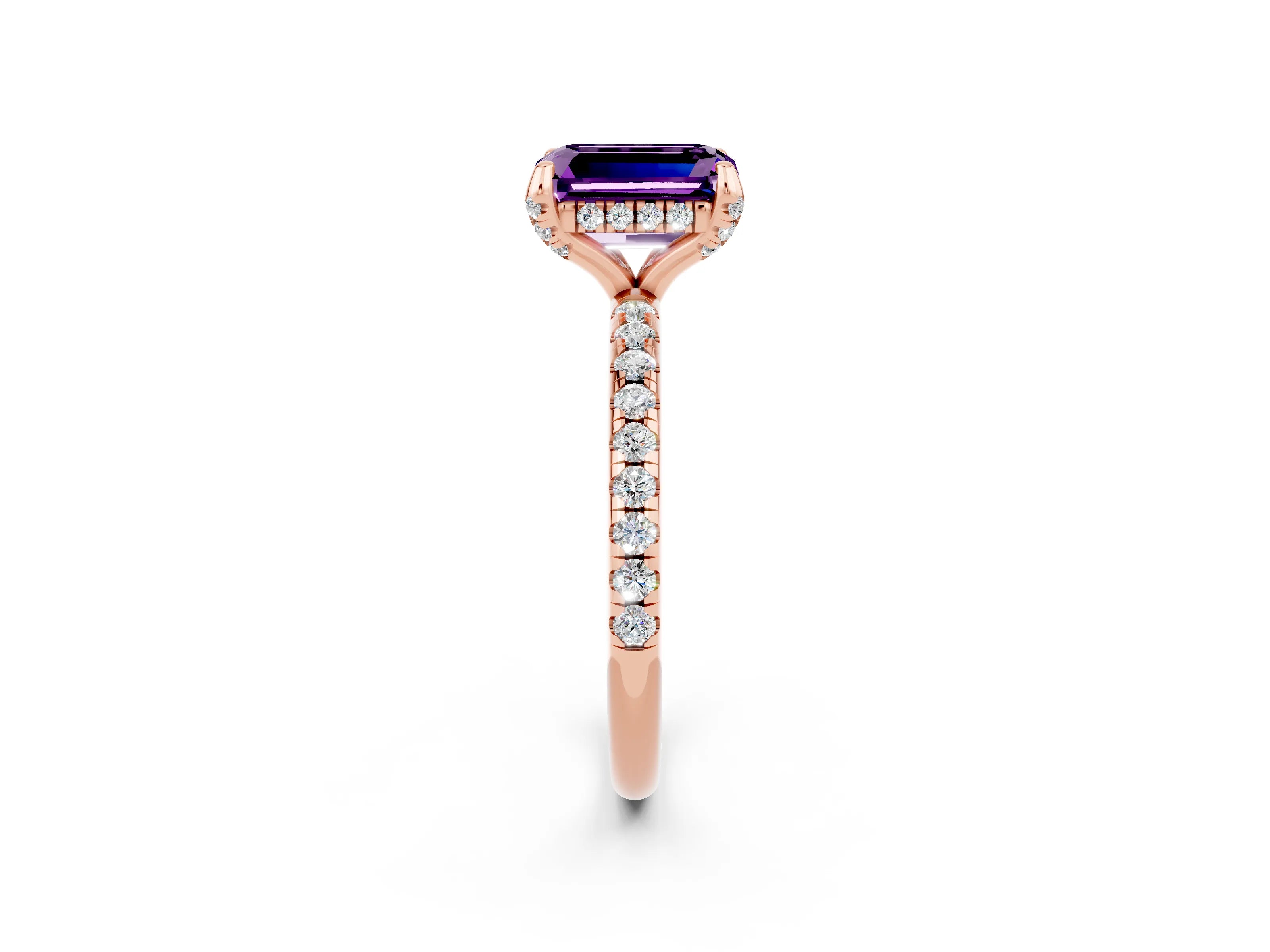 Rose gold Emerald Cut Diamond Solitaire Ring with Four-Prong Setting and Pavé Band_2