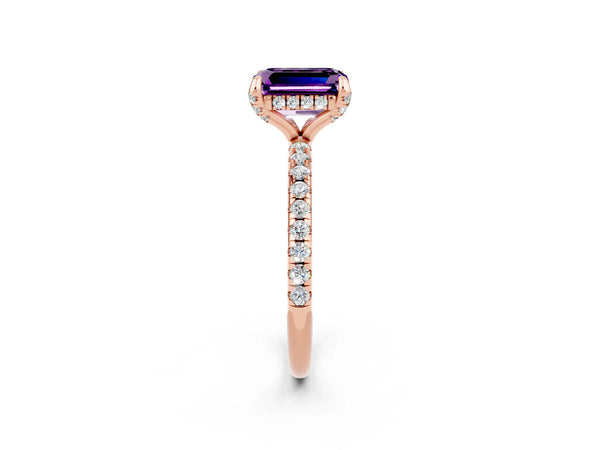 Rose gold Emerald Cut Amethyst Hidden Halo Engagement Ring with Round Pavé Band and Prong Setting