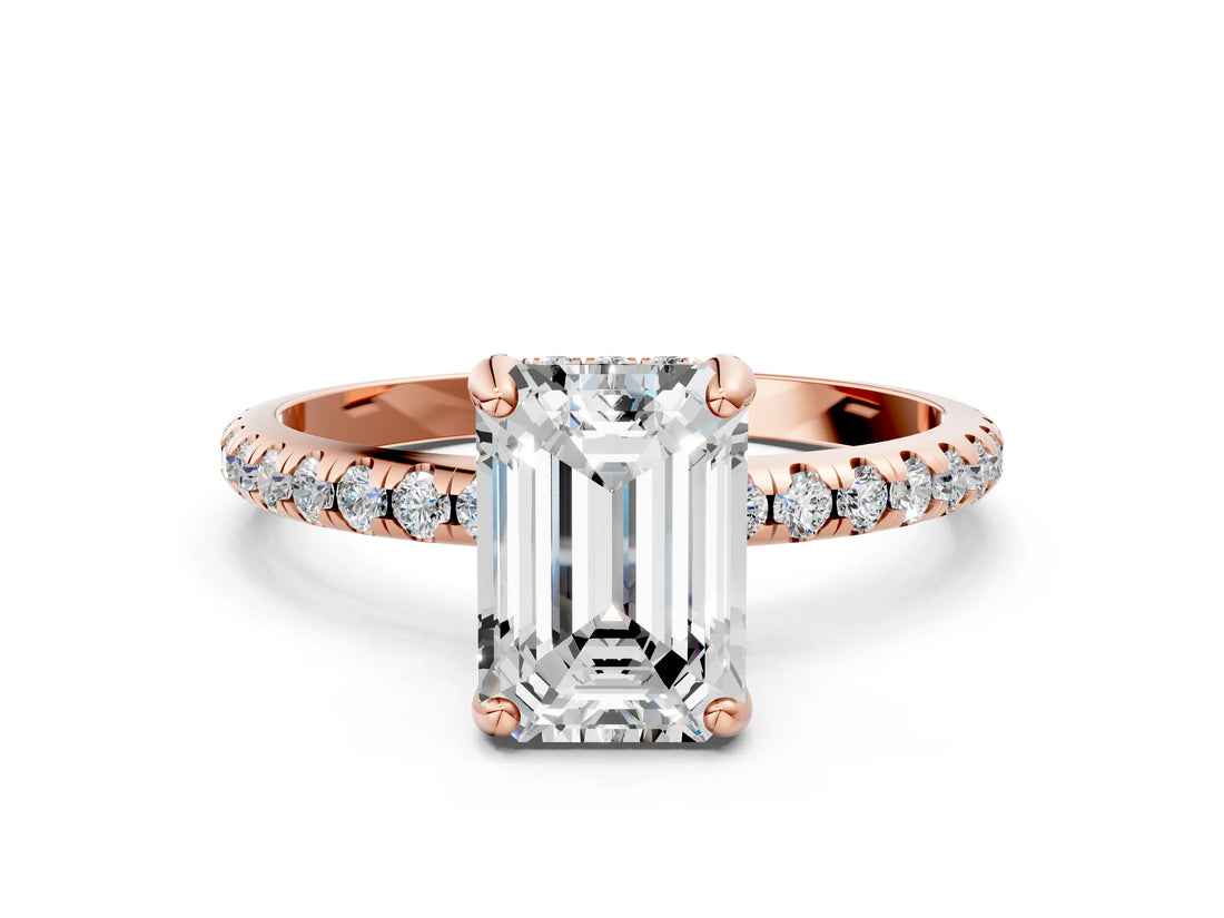 Rose gold Emerald Cut Diamond Solitaire Ring with Four-Prong Setting and Pavé Band_3
