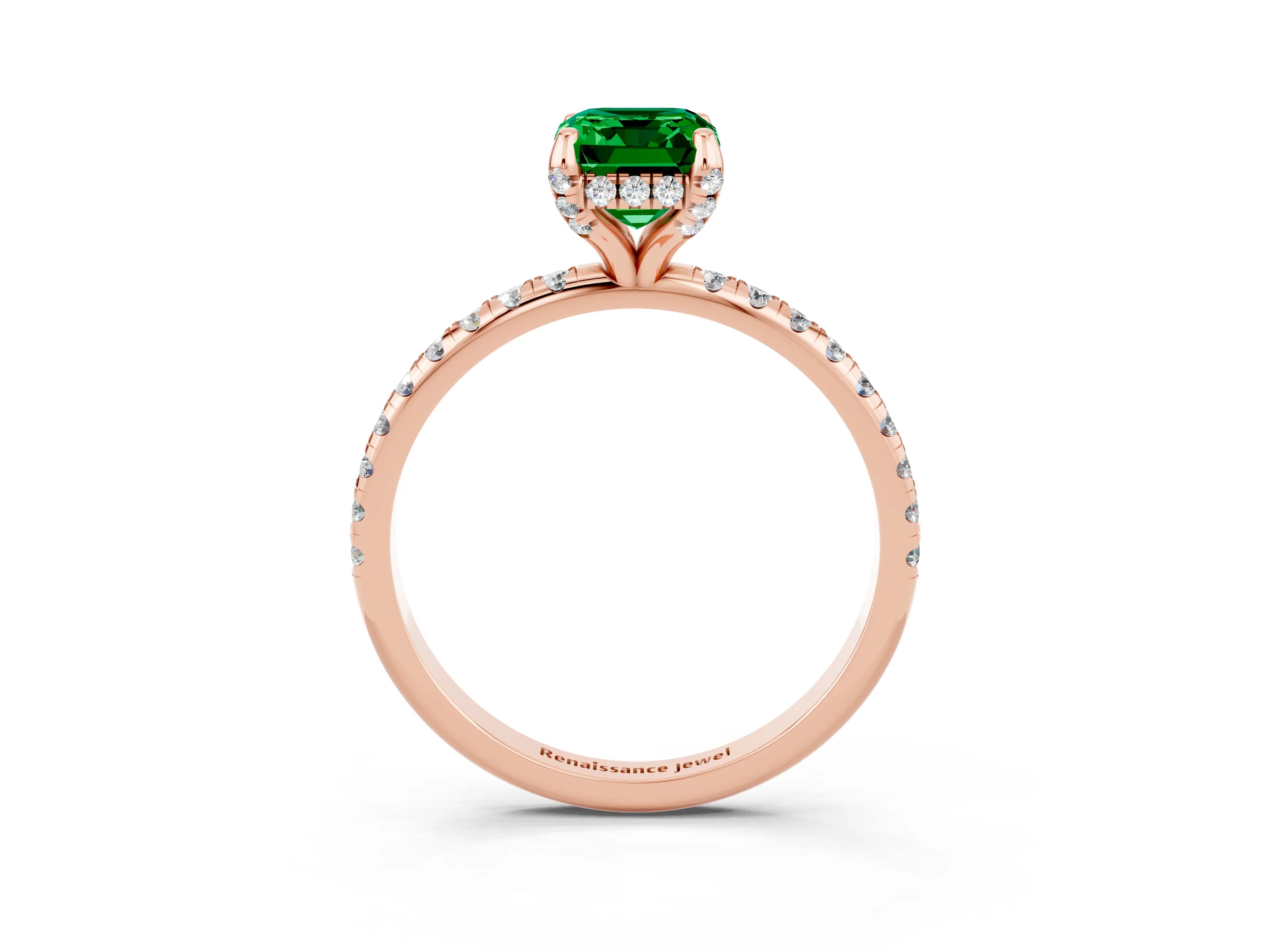 Rose gold Emerald Cut Diamond Solitaire Ring with Four-Prong Setting and Pavé Band_3
