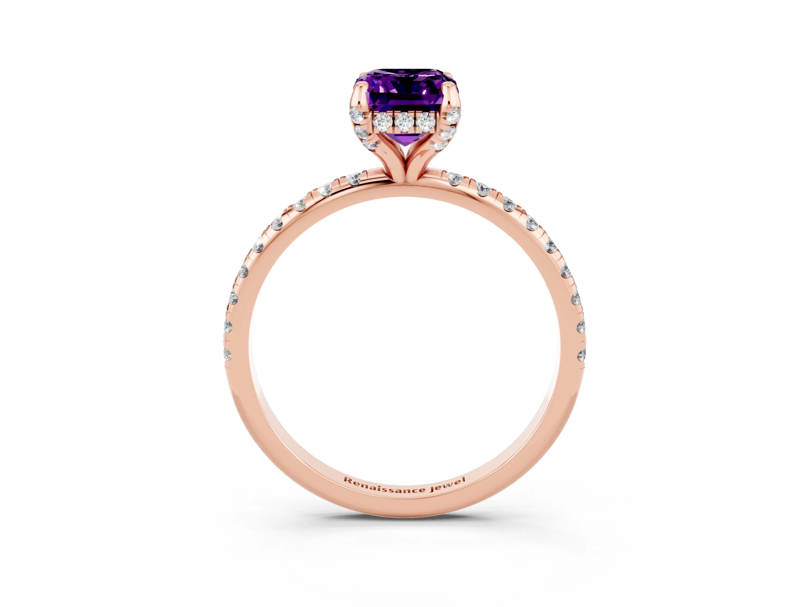 Rose gold Emerald Cut Diamond Solitaire Ring with Four-Prong Setting and Pavé Band_3