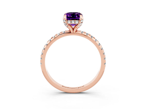 Rose gold Emerald Cut Amethyst Hidden Halo Engagement Ring with Round Pavé Band and Prong Setting