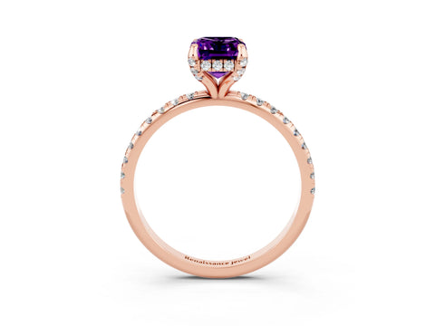 Rose gold Emerald Cut Diamond Solitaire Ring with Four-Prong Setting and Pavé Band_3
