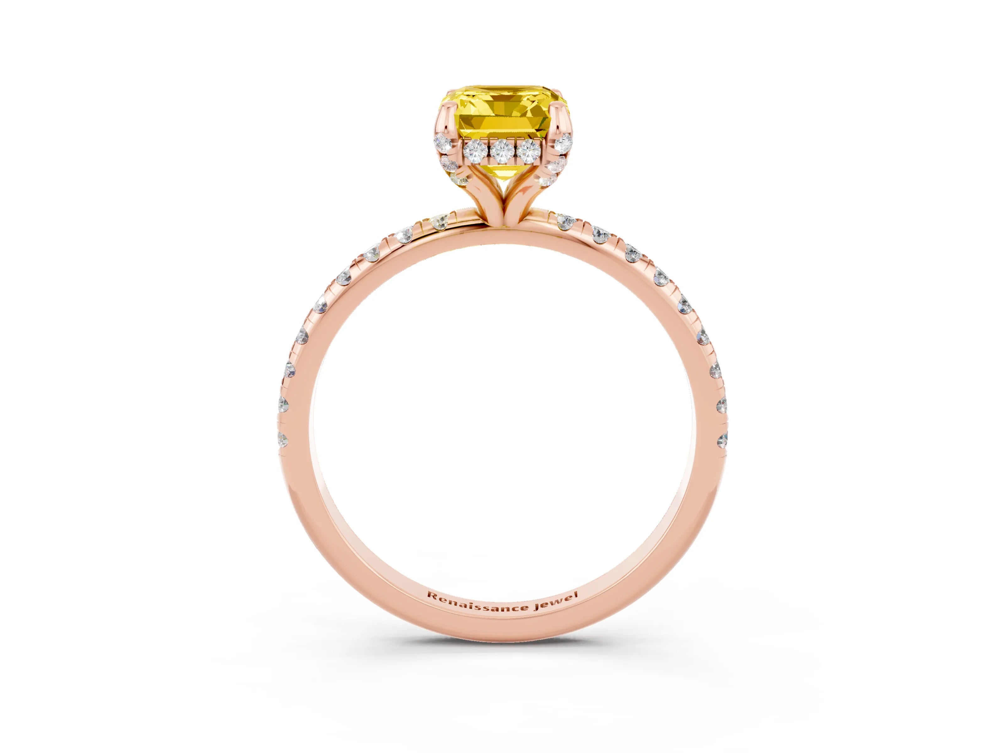 Rose gold Emerald Cut Diamond Solitaire Ring with Four-Prong Setting and Pavé Band_3