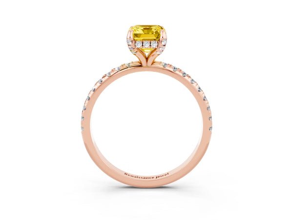 Rose gold Emerald Cut Yellow Sapphire Hidden Halo Engagement Ring with Round Pavé Band and Prong Setting
