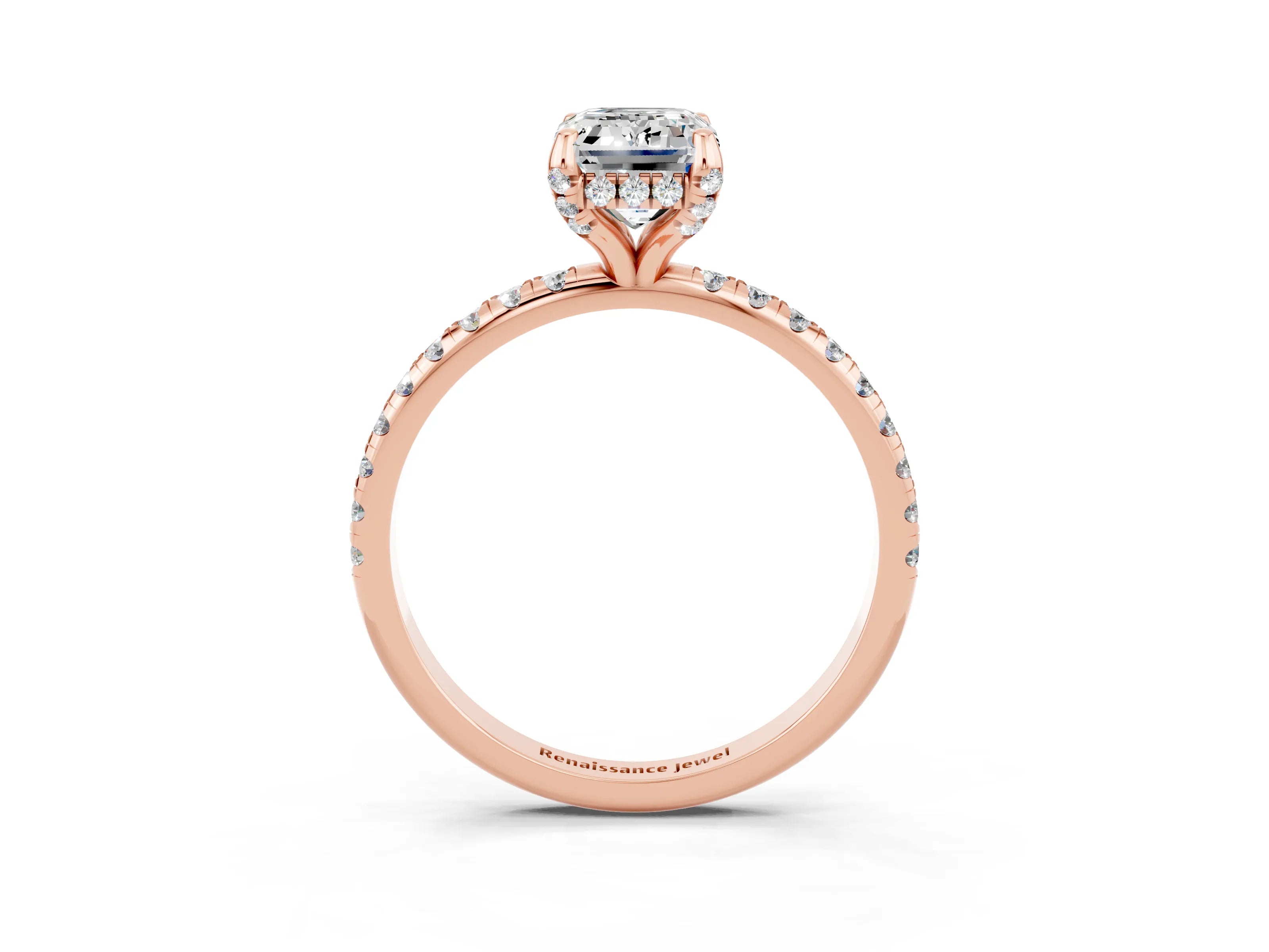 Rose gold Emerald Cut Diamond Solitaire Ring with Four-Prong Setting and Pavé Band_3