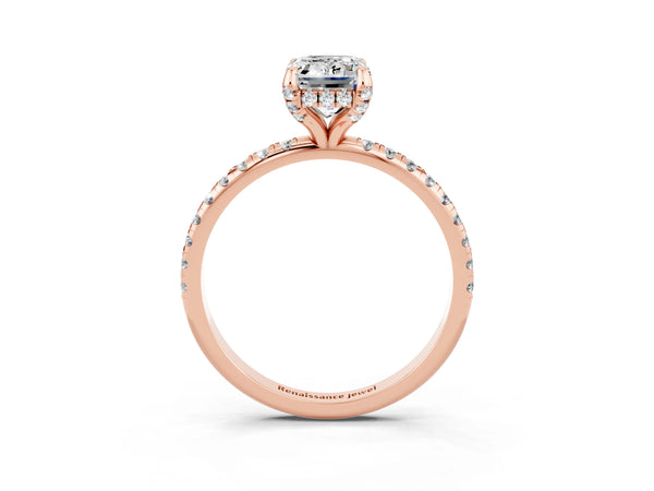 Rose gold Emerald Cut Moissanite Hidden Halo Engagement Ring with Round Pavé Band and Prong Setting