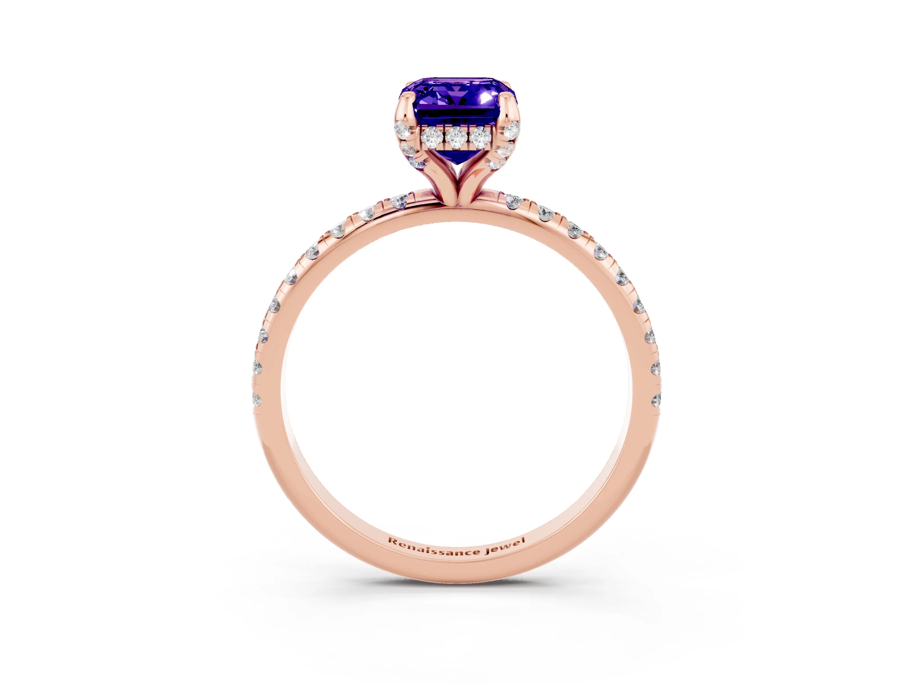 Rose gold Emerald Cut Diamond Solitaire Ring with Four-Prong Setting and Pavé Band_3
