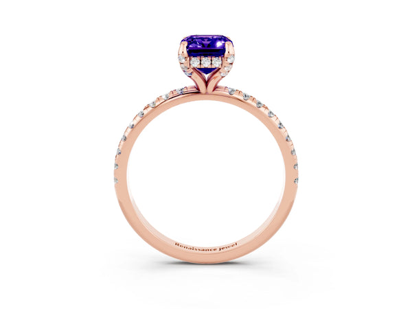 Rose gold Emerald Cut Tanzanite Hidden Halo Engagement Ring with Round Pavé Band and Prong Setting