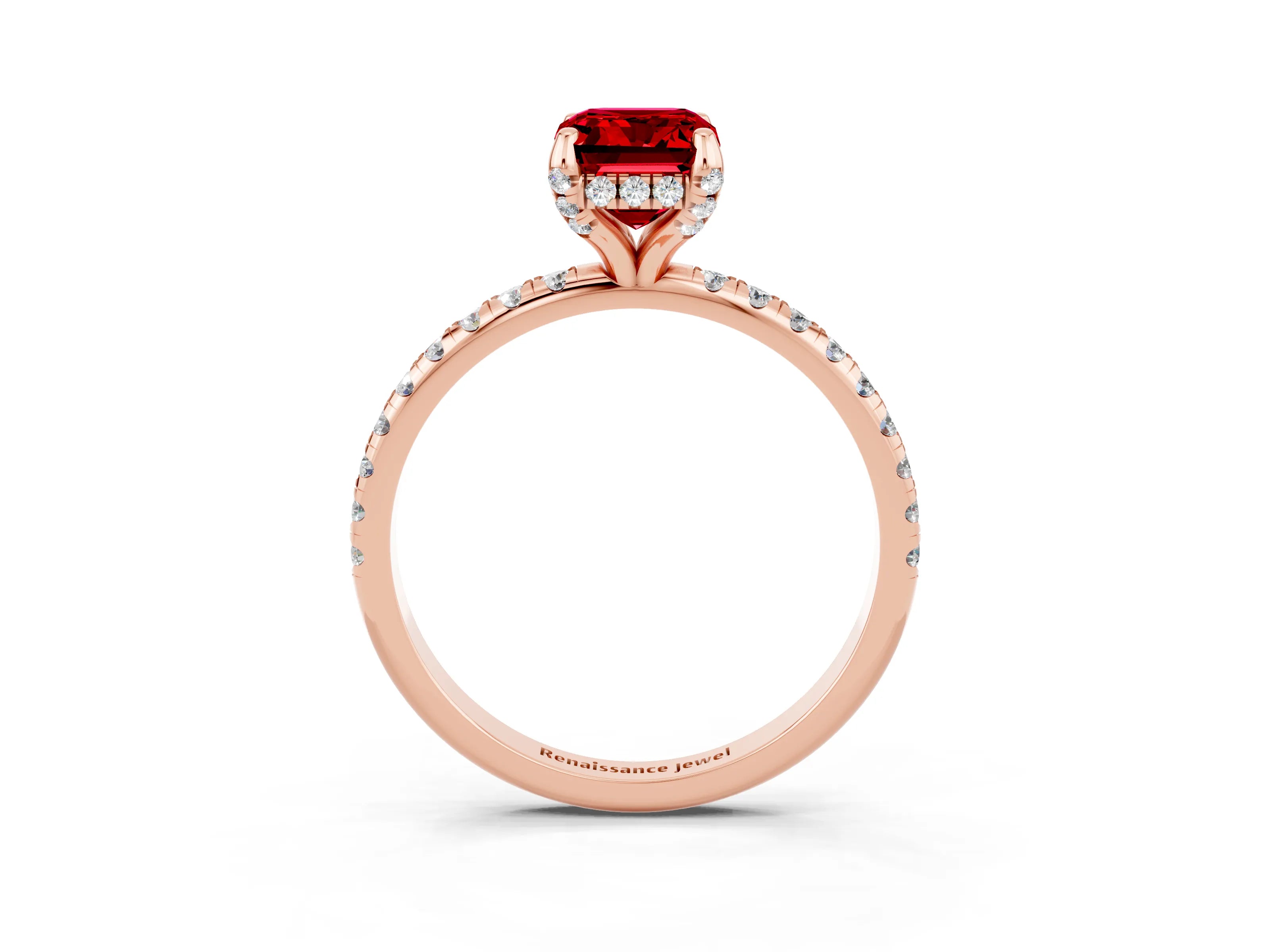 Rose gold Emerald Cut Diamond Solitaire Ring with Four-Prong Setting and Pavé Band_3