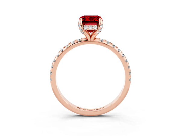Rose gold Emerald Cut Diamond Solitaire Ring with Four-Prong Setting and Pavé Band