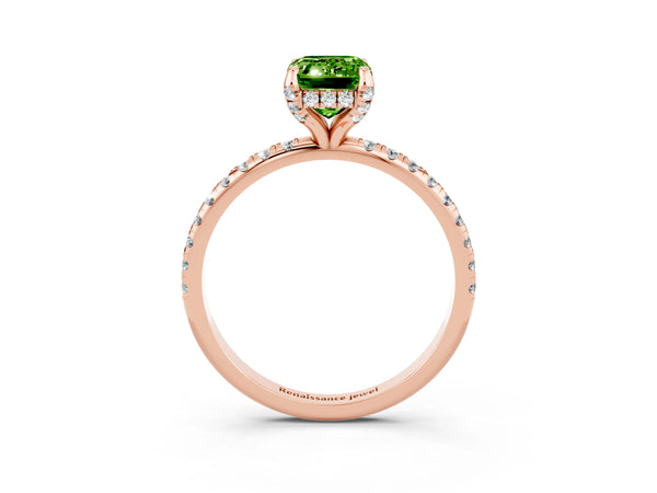 Rose gold Emerald Cut Diamond Solitaire Ring with Four-Prong Setting and Pavé Band