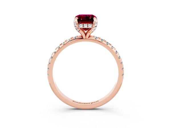 Rose gold Emerald Cut Garnet Hidden Halo Engagement Ring with Round Pavé Band and Prong Setting