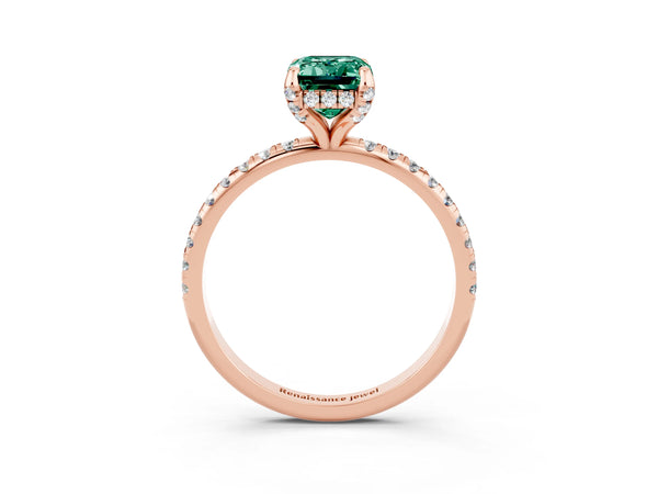 Rose gold Emerald Cut Green Sapphire Hidden Halo Engagement Ring with Round Pavé Band and Prong Setting