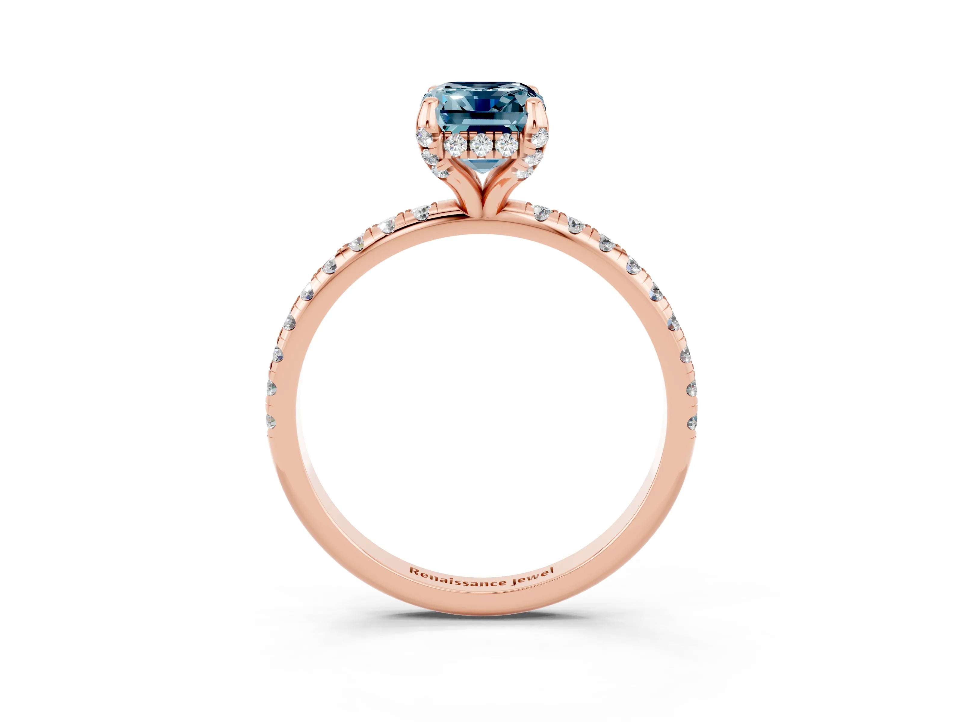 Rose gold Emerald Cut Diamond Solitaire Ring with Four-Prong Setting and Pavé Band_3