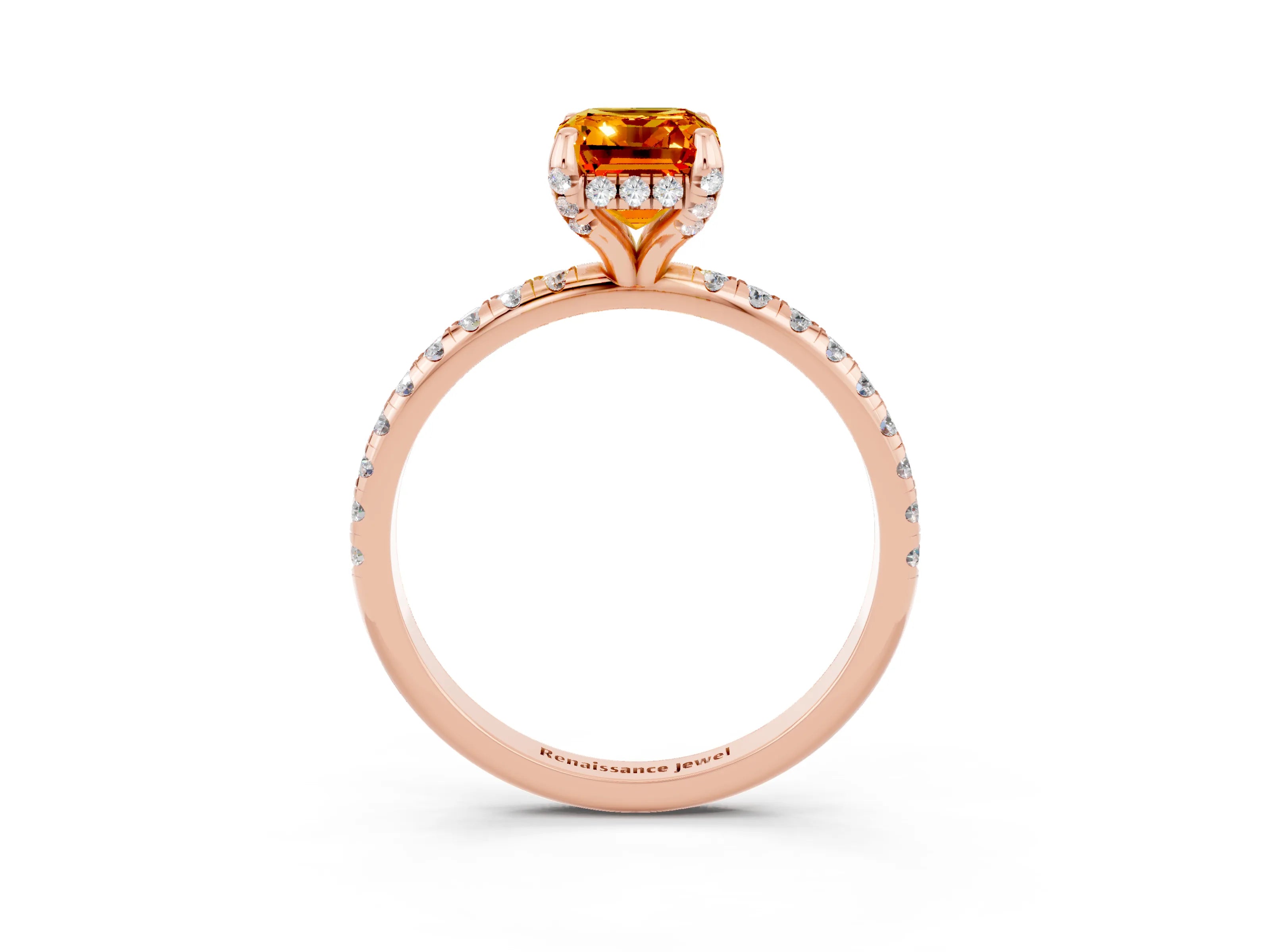 Rose gold Emerald Cut Diamond Solitaire Ring with Four-Prong Setting and Pavé Band_3