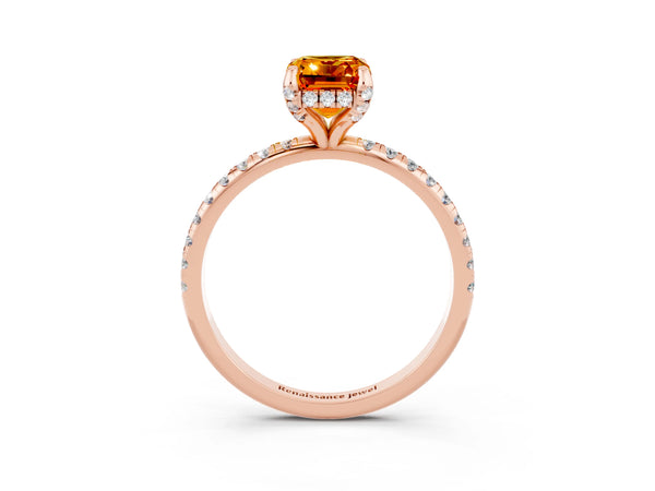 Rose gold Emerald Cut Citrine Hidden Halo Engagement Ring with Round Pavé Band and Prong Setting