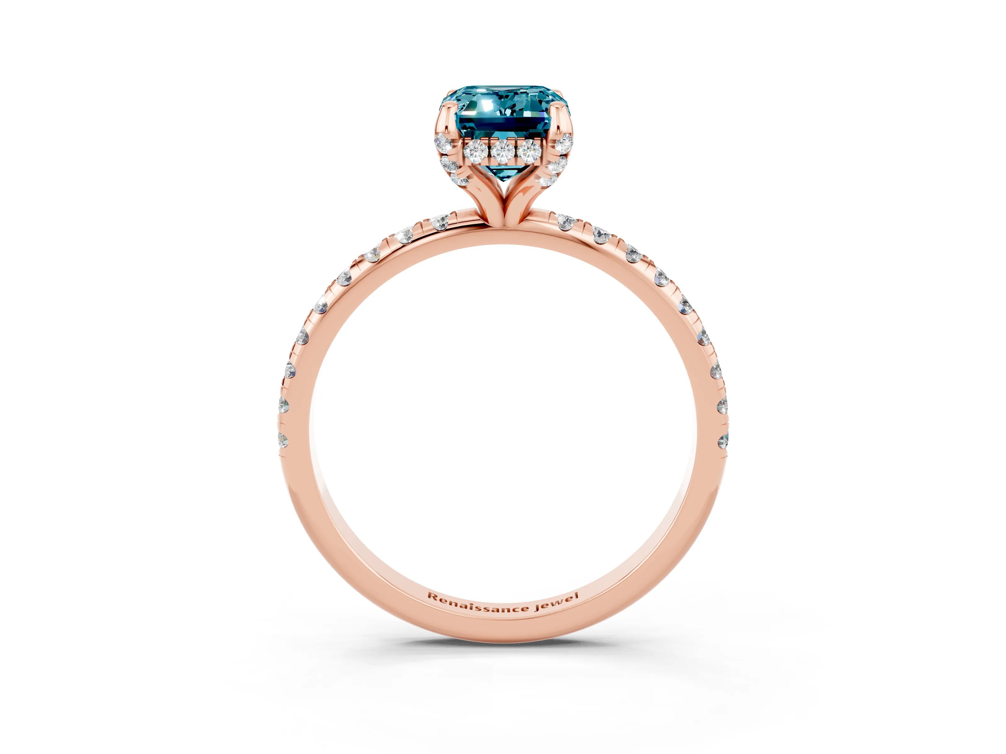 Rose gold Emerald Cut Diamond Solitaire Ring with Four-Prong Setting and Pavé Band_3
