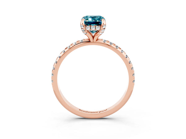 Rose gold Emerald Cut Diamond Solitaire Ring with Four-Prong Setting and Pavé Band