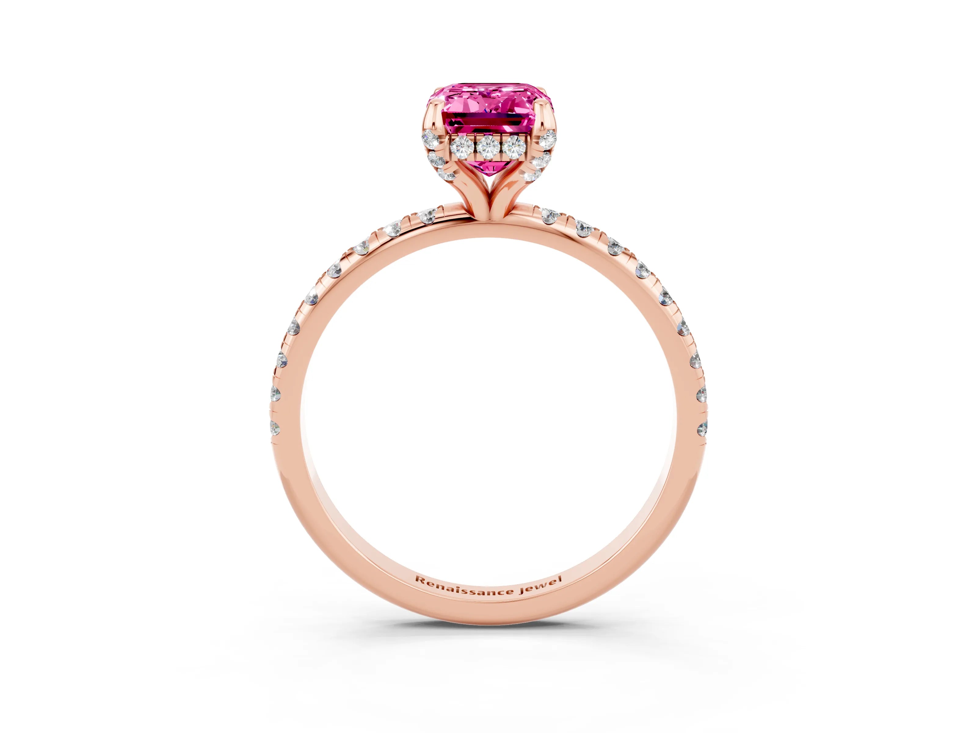 Rose gold Emerald Cut Diamond Solitaire Ring with Four-Prong Setting and Pavé Band_3