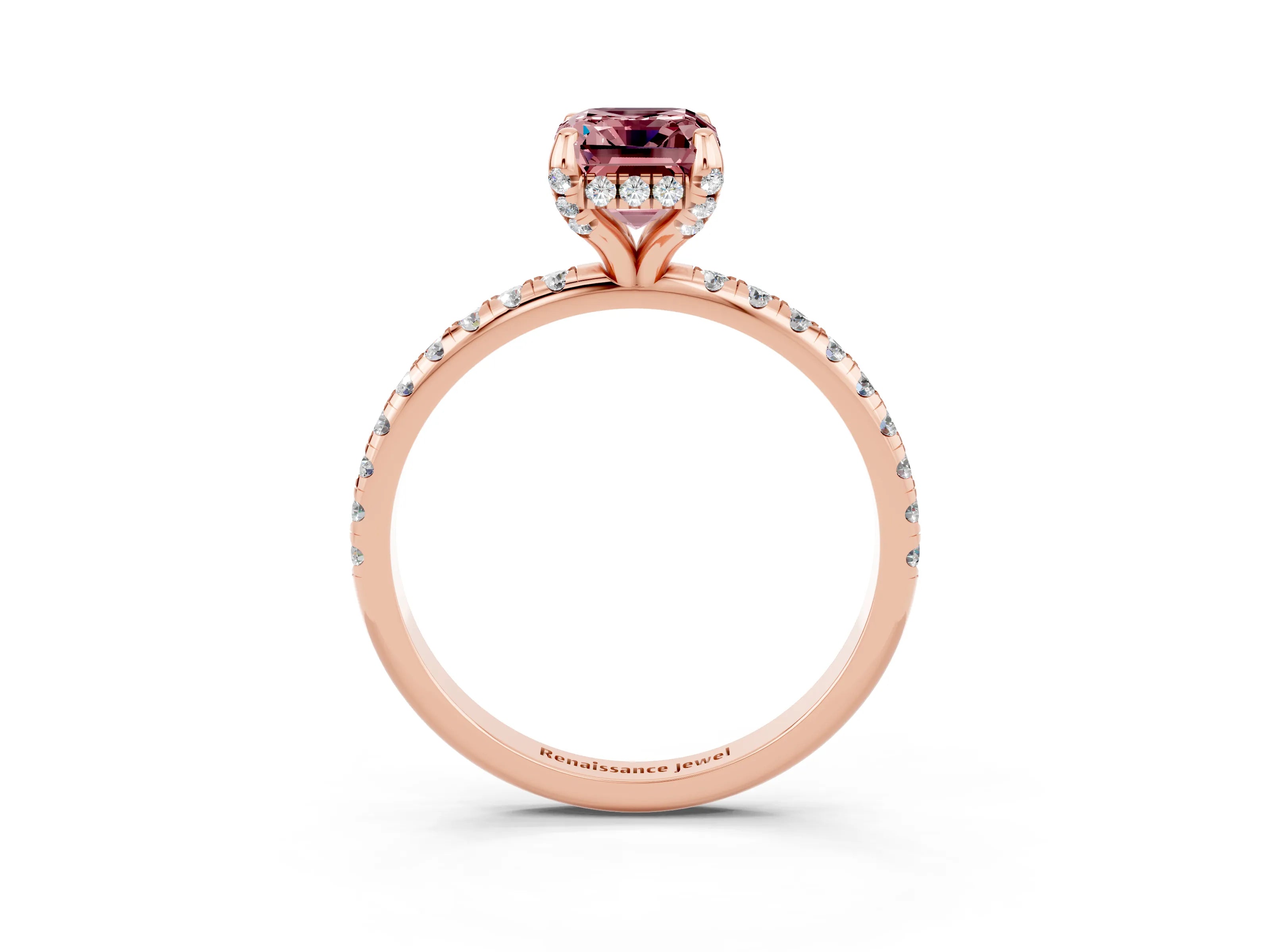 Rose gold Emerald Cut Diamond Solitaire Ring with Four-Prong Setting and Pavé Band_3