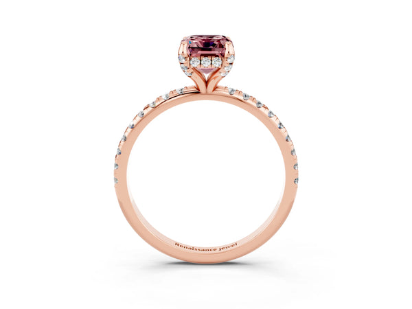 Rose gold Emerald Cut Diamond Solitaire Ring with Four-Prong Setting and Pavé Band
