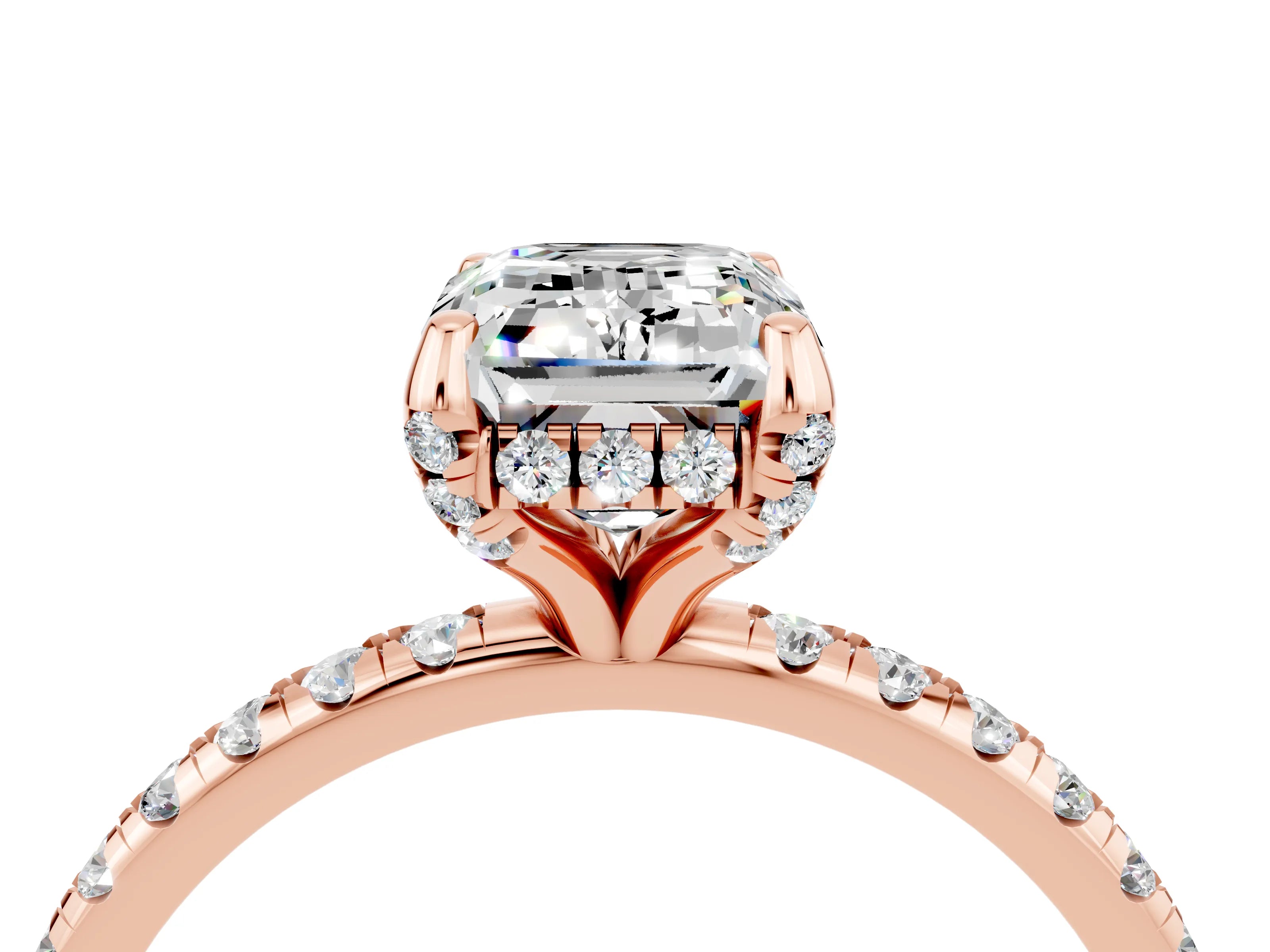 Rose gold Emerald Cut Diamond Solitaire Ring with Four-Prong Setting and Pavé Band_4