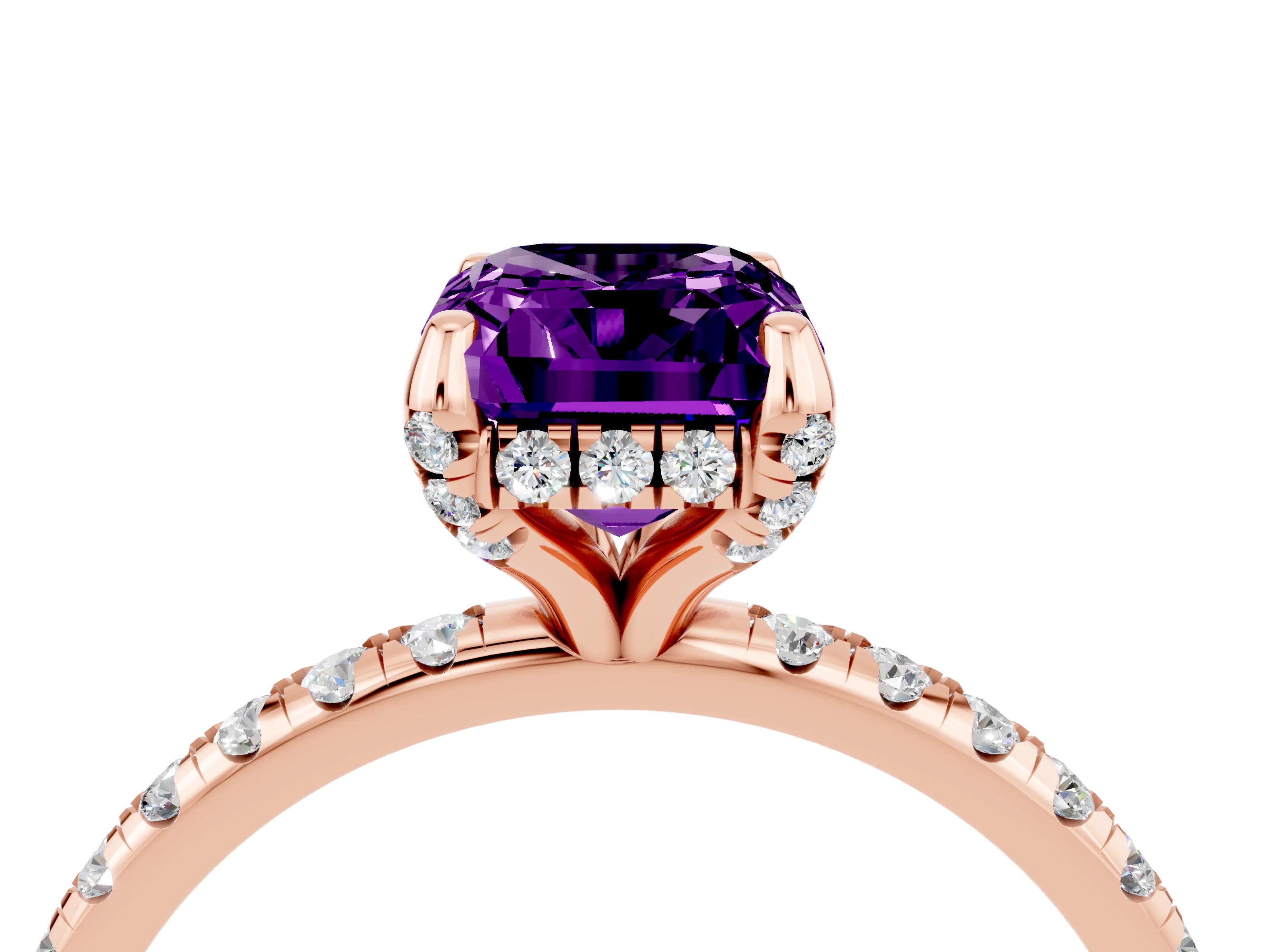 Rose gold Emerald Cut Diamond Solitaire Ring with Four-Prong Setting and Pavé Band_4