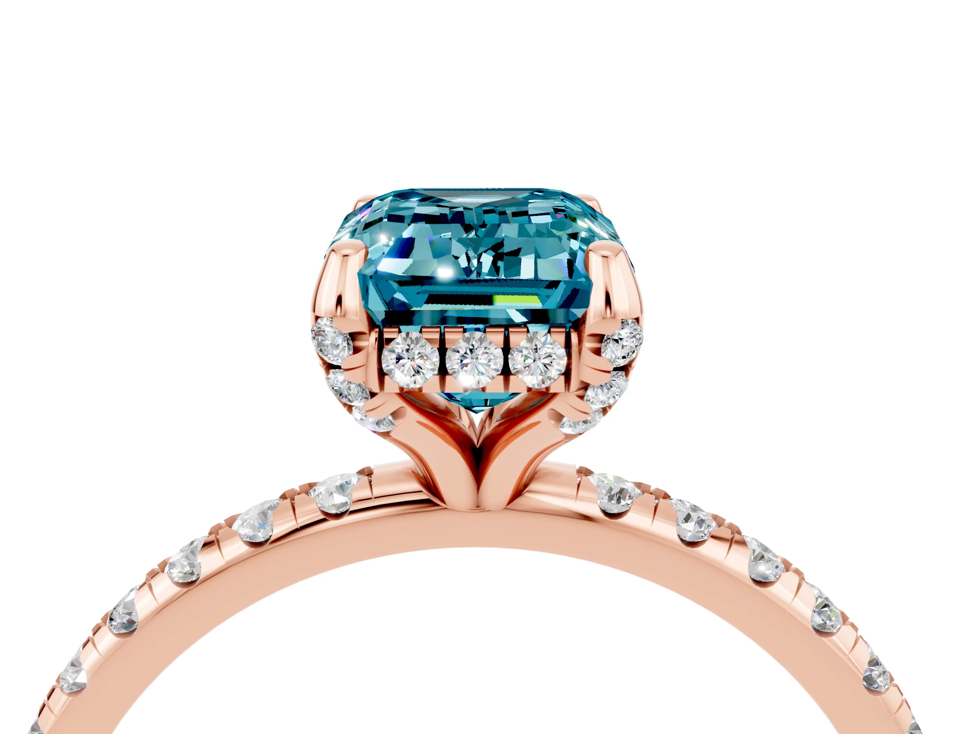 Rose gold Emerald Cut Diamond Solitaire Ring with Four-Prong Setting and Pavé Band_4