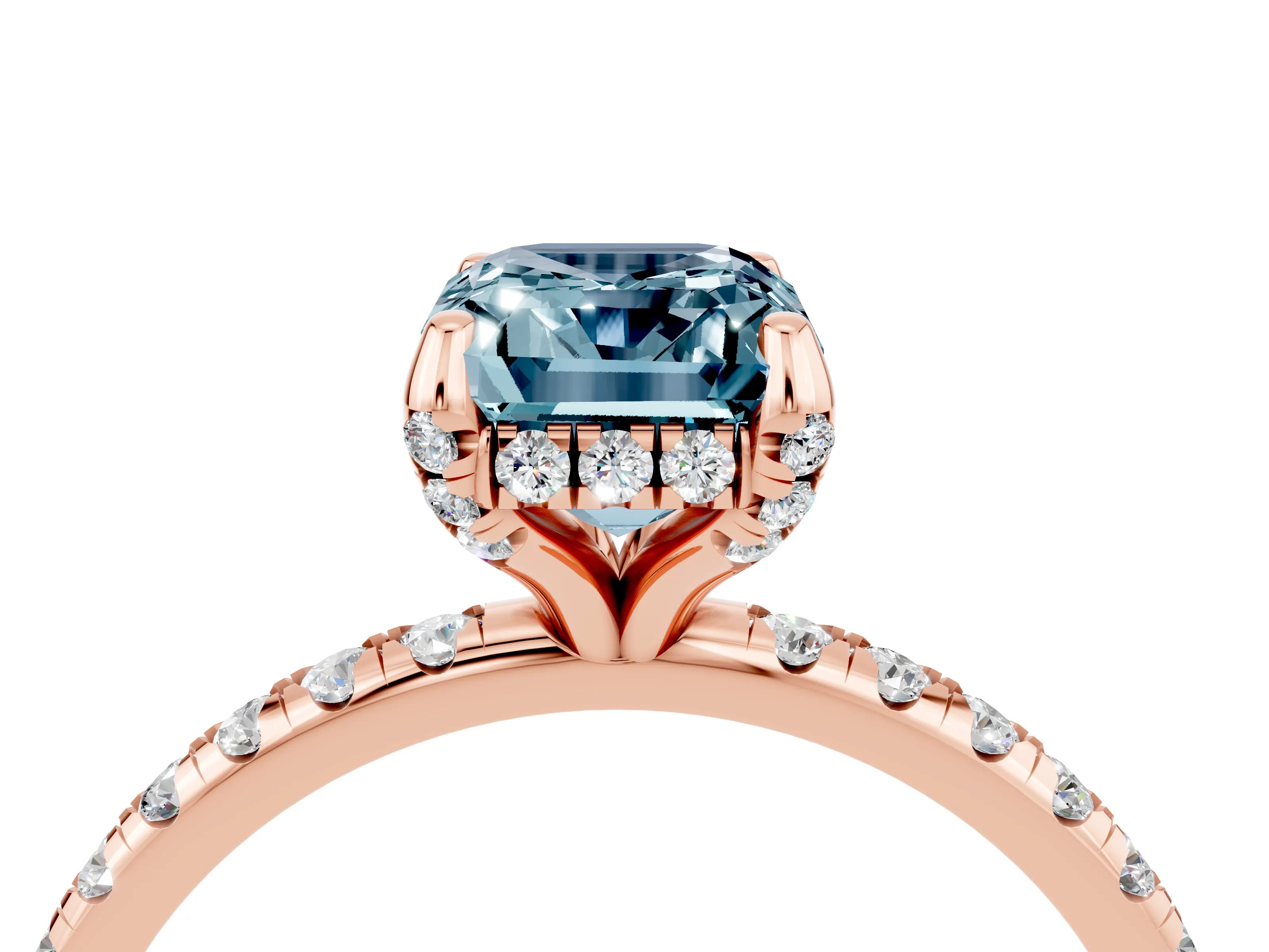 Rose gold Emerald Cut Diamond Solitaire Ring with Four-Prong Setting and Pavé Band_4