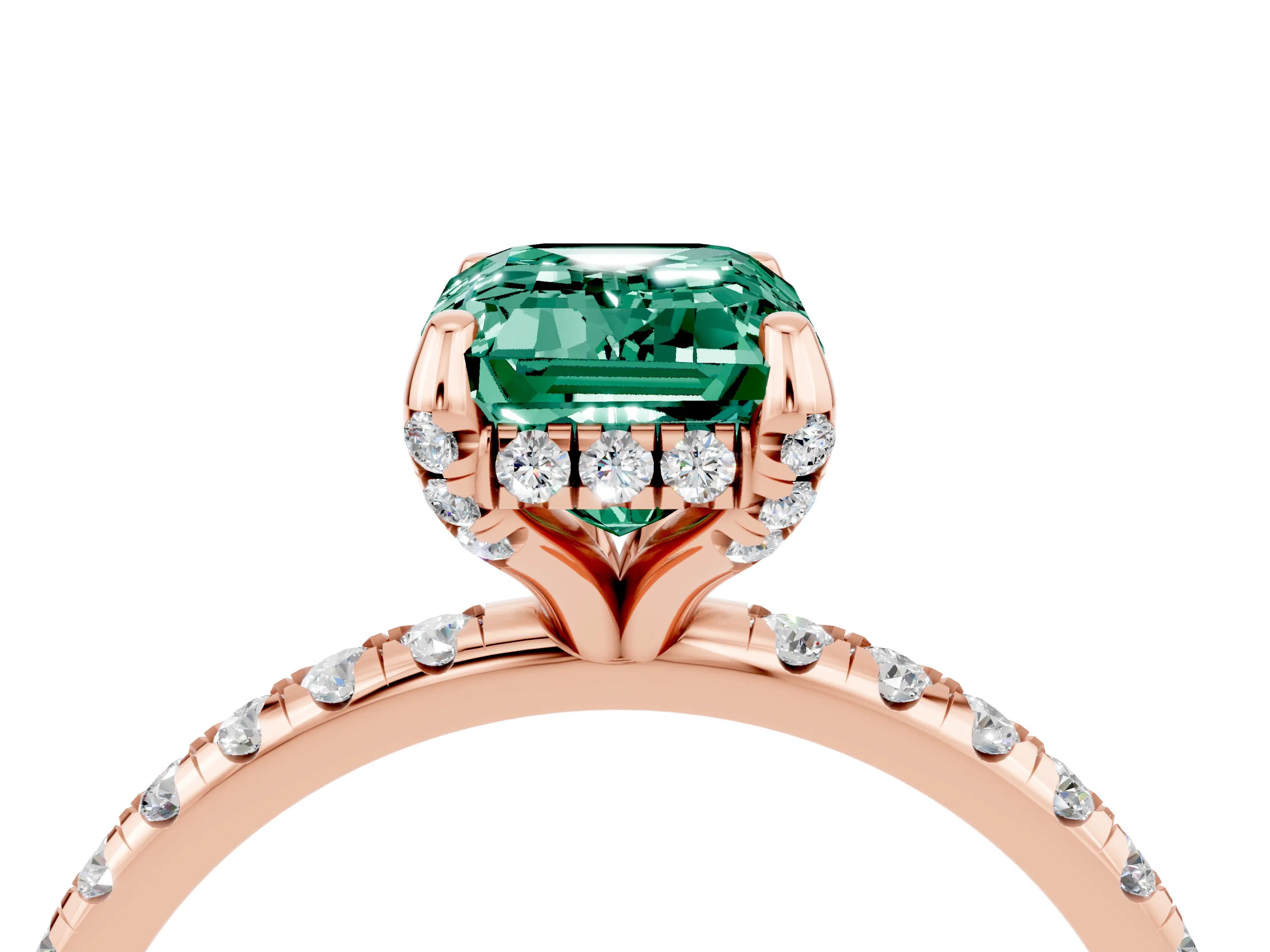 Rose gold Emerald Cut Diamond Solitaire Ring with Four-Prong Setting and Pavé Band_4