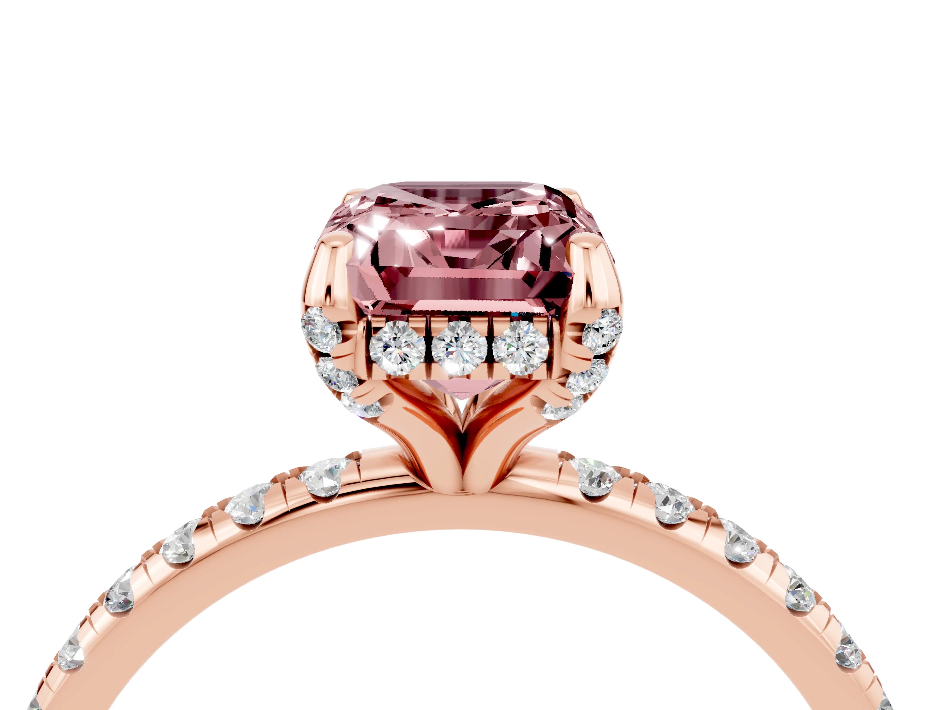 Rose gold Emerald Cut Diamond Solitaire Ring with Four-Prong Setting and Pavé Band_4