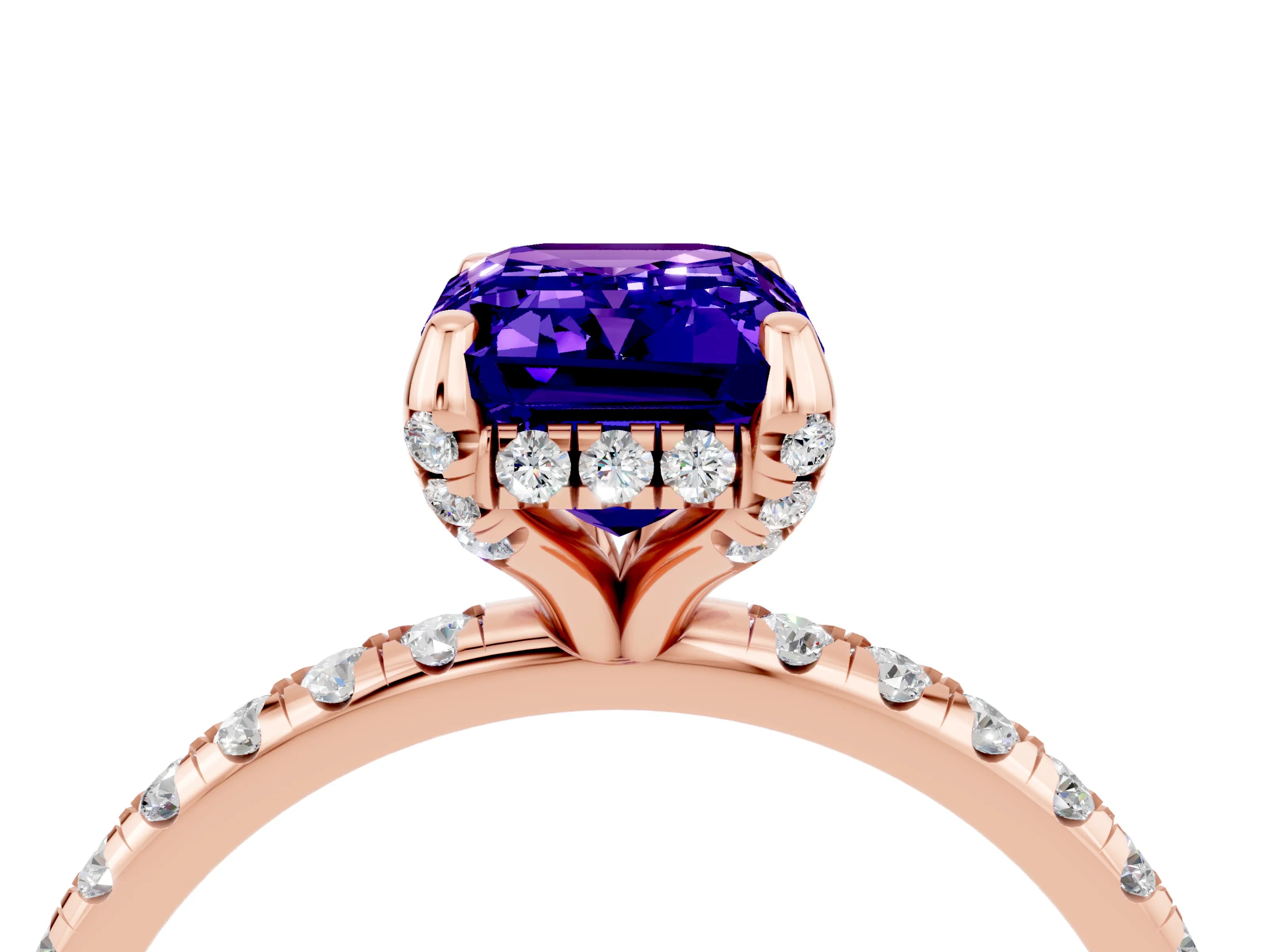 Rose gold Emerald Cut Diamond Solitaire Ring with Four-Prong Setting and Pavé Band_4
