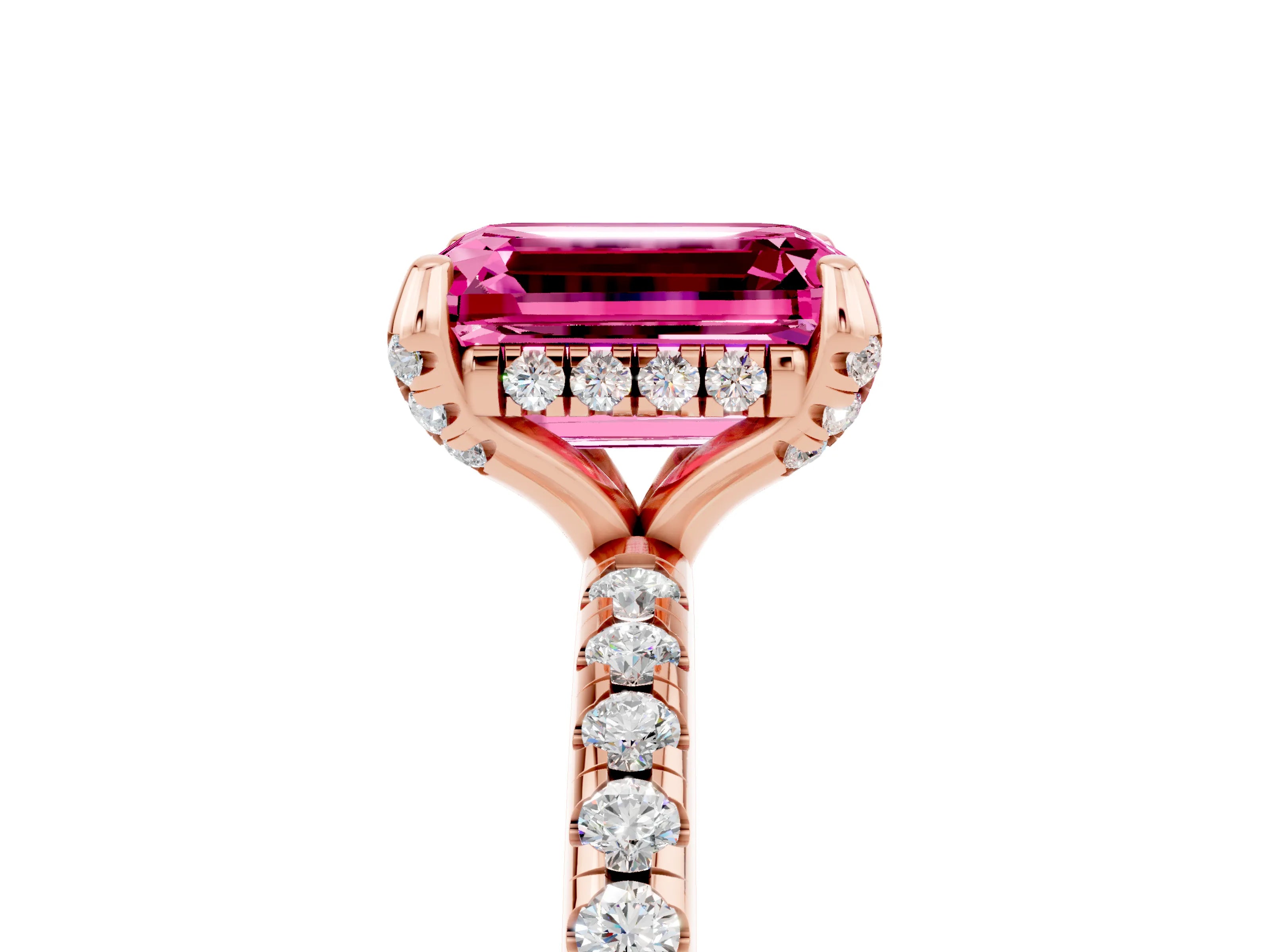 Rose gold Emerald Cut Diamond Solitaire Ring with Four-Prong Setting and Pavé Band_5