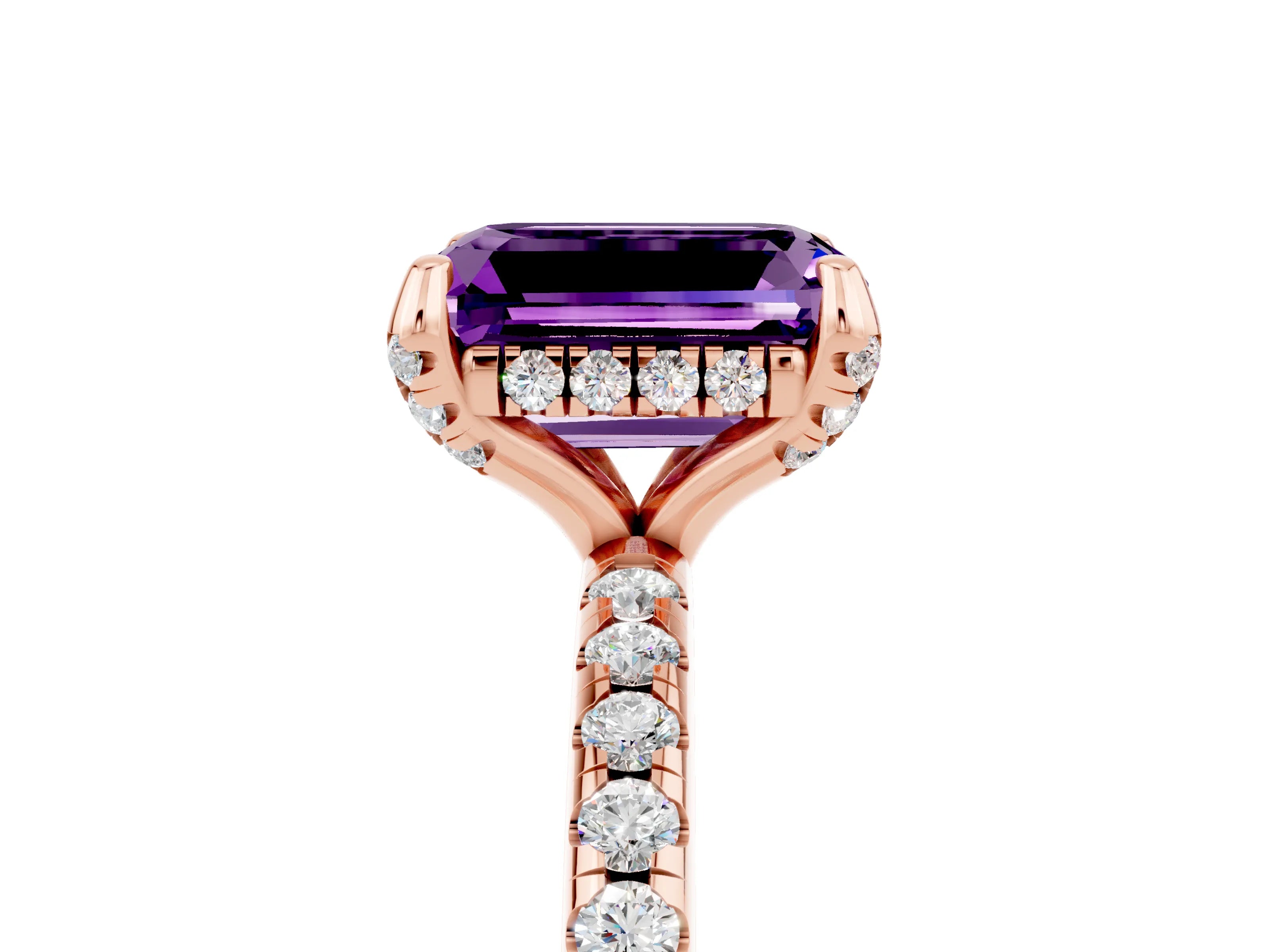 Rose gold Emerald Cut Diamond Solitaire Ring with Four-Prong Setting and Pavé Band_5