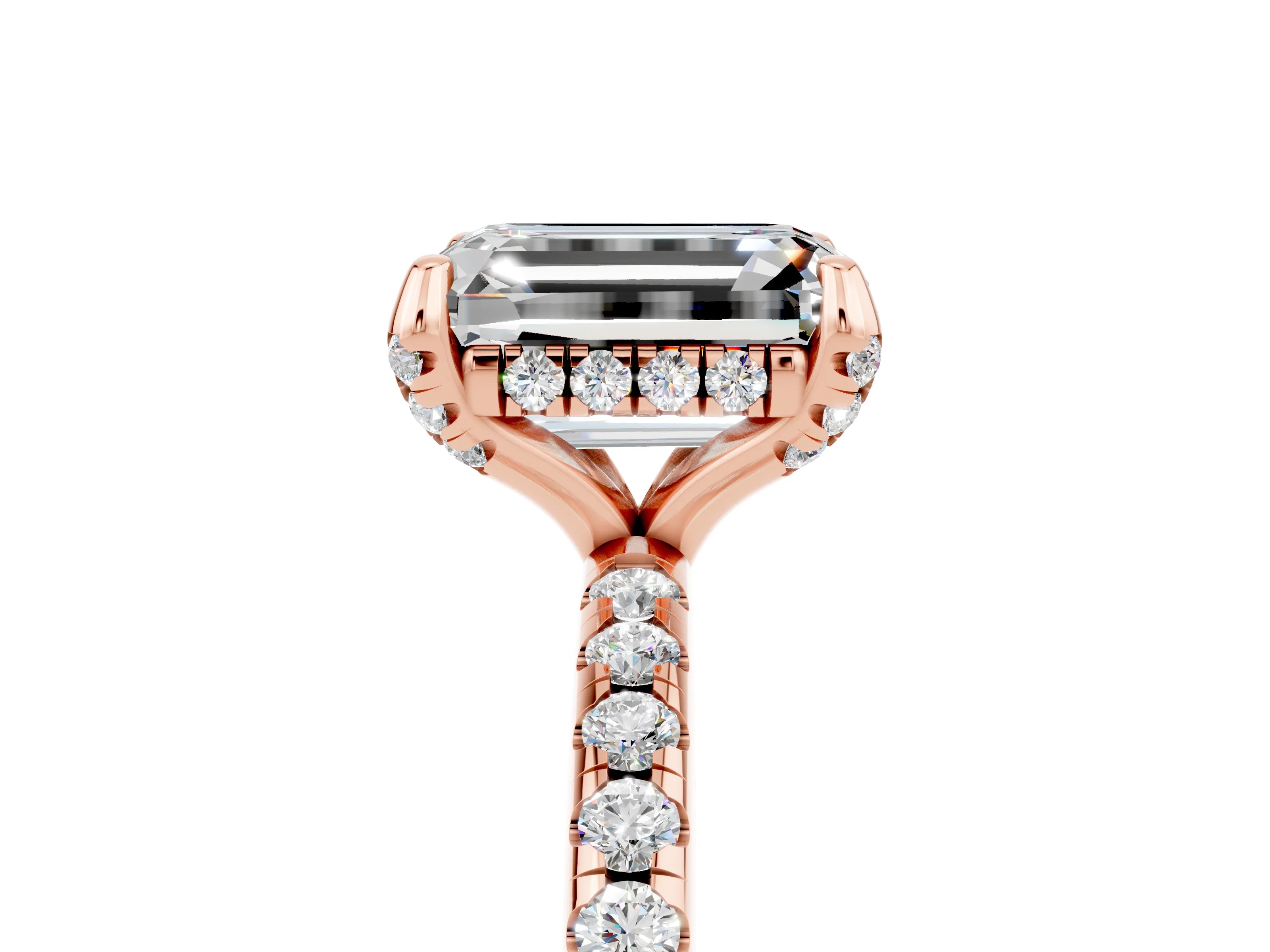 Rose gold Emerald Cut Diamond Solitaire Ring with Four-Prong Setting and Pavé Band_5