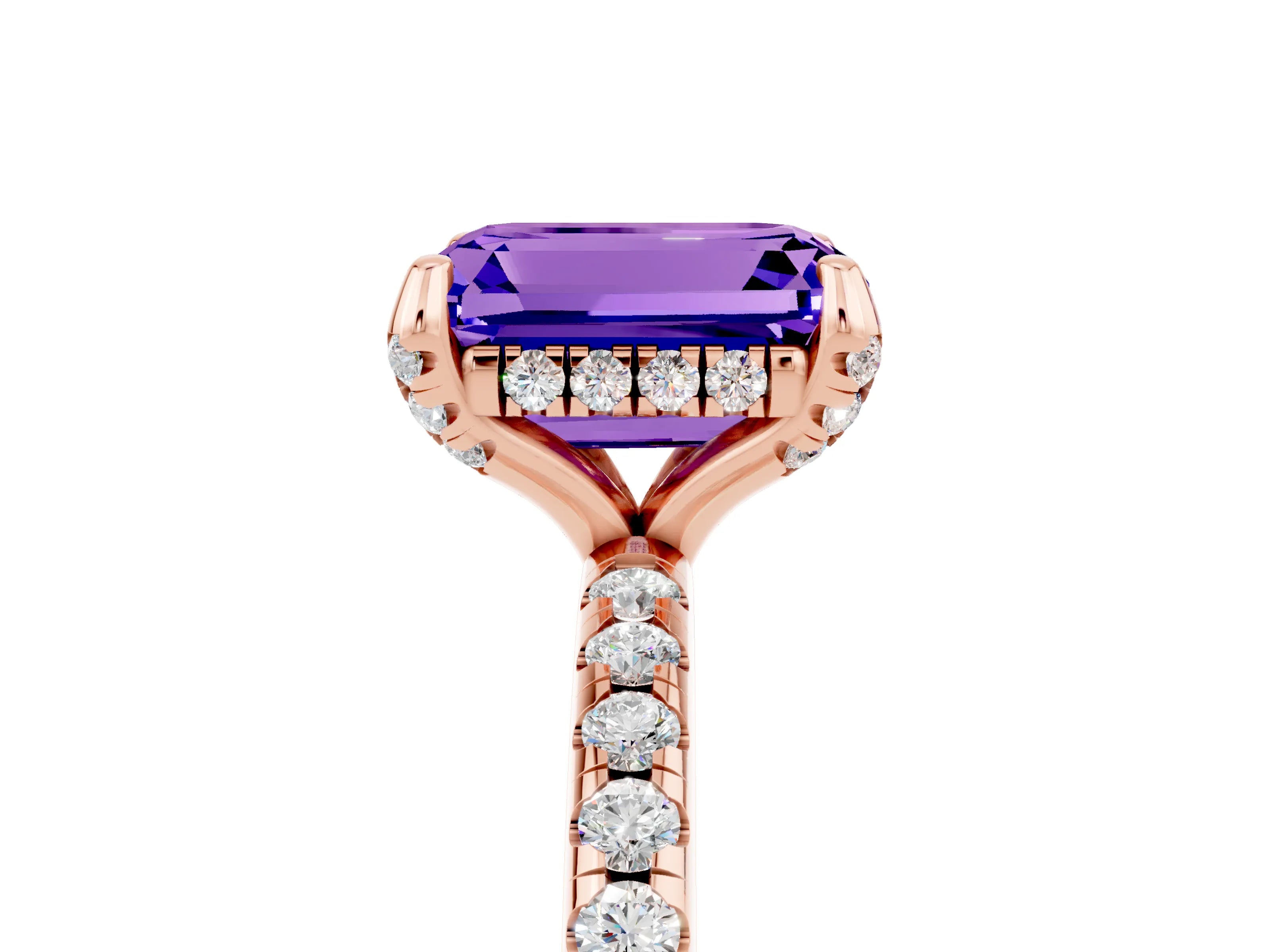 Rose gold Emerald Cut Diamond Solitaire Ring with Four-Prong Setting and Pavé Band_5