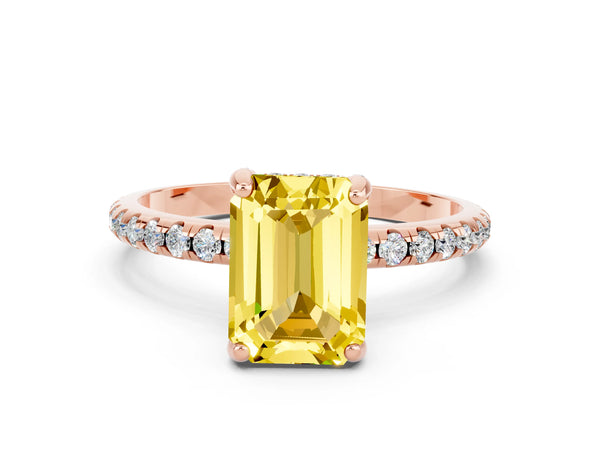 Rose gold Emerald Cut Yellow Sapphire Hidden Halo Engagement Ring with Round Pavé Band and Prong Setting